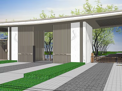 Modern Entrance Gate Design With Vertical Slats White Columns Green Lawn And Trees 3d model