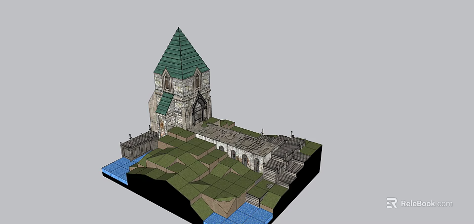 Ancient Architecture Tower with Green Pointed Roof and Stone Structure on Green Terrain Water 3d model 