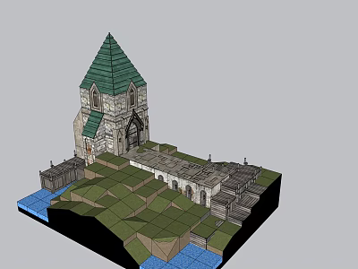 Ancient Architecture Tower with Green Pointed Roof and Stone Structure on Green Terrain Water 3d model