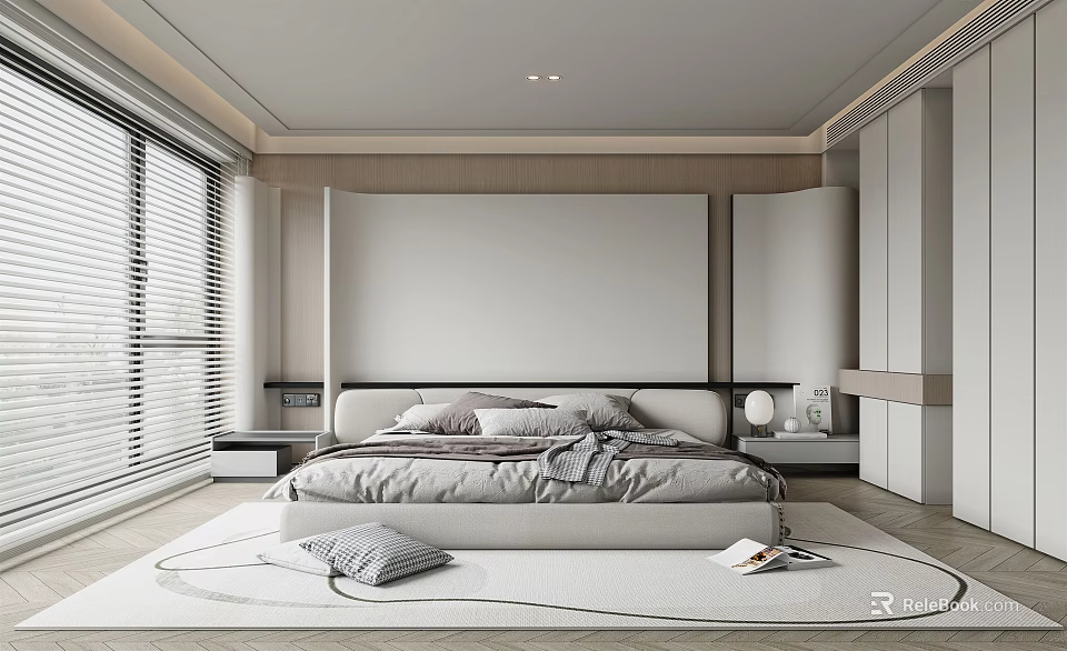 Minimalist Bedroom Interior Design With Platform Bed Headboard Wall Window Blinds And Round Rug 3d model 