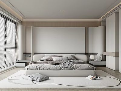 Minimalist Bedroom Interior Design With Platform Bed Headboard Wall Window Blinds And Round Rug 3d model