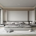 Minimalist Bedroom Interior Design With Platform Bed Headboard Wall Window Blinds And Round Rug