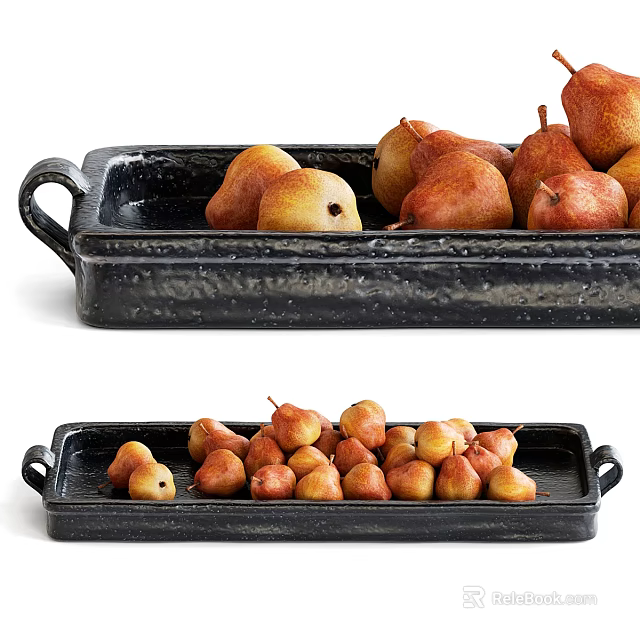 Rectangular Black Stoneware Tray With Handles Holding Fresh Ripe Pears On White Background 3d model 