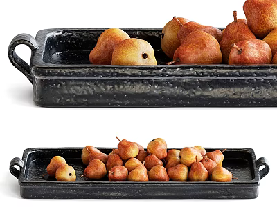 Rectangular Black Stoneware Tray With Handles Holding Fresh Ripe Pears On White Background 3d model