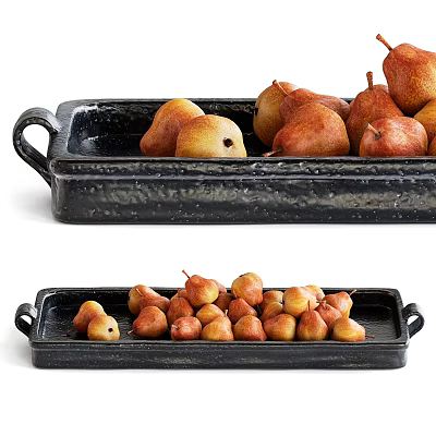 Rectangular Black Stoneware Tray With Handles Holding Fresh Ripe Pears On White Background 3d model