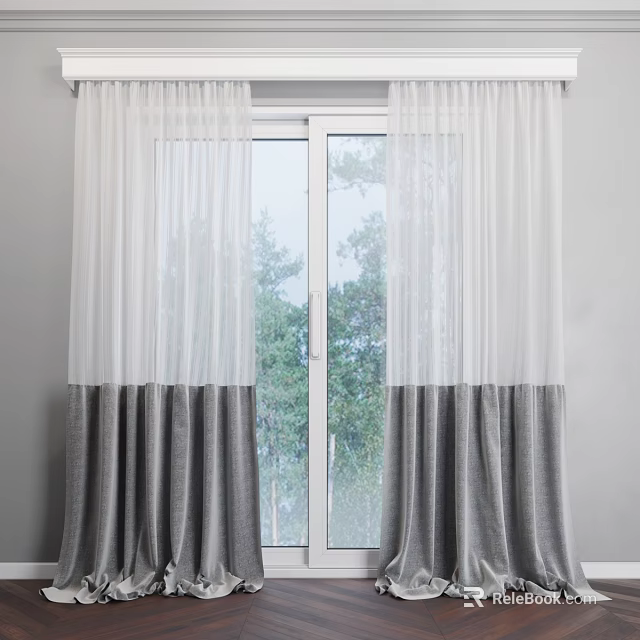 Simple Modern Two Layer Curtains With White Sheer And Gray Fabric For Window With Trees Outside 3d model 