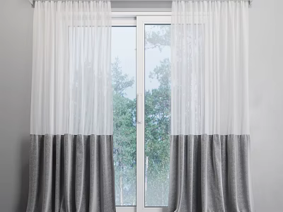 Simple Modern Two Layer Curtains With White Sheer And Gray Fabric For Window With Trees Outside 3d model
