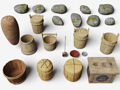 Traditional Wooden Crafts and Natural Stone Rocks with Handmade Buckets Boxes and Decorative Stones 3d model