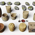 Traditional Wooden Crafts and Natural Stone Rocks with Handmade Buckets Boxes and Decorative Stones