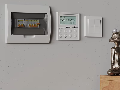 White Switch Panel With Thermostat And Distribution Box On Gray Wall 3d model