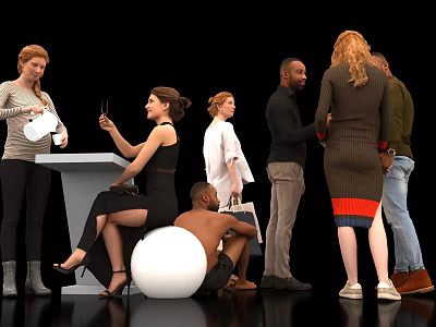 Group of People Socializing Indoors With Various Poses Standing Sitting Wine Glass and White Seat 3d model