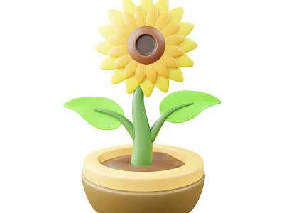 Sunflower Plant with Yellow Petals Brown Center Green Stem Leaves in Yellow Brown Flower Pot 3d model
