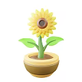 Sunflower Plant with Yellow Petals Brown Center Green Stem Leaves in Yellow Brown Flower Pot