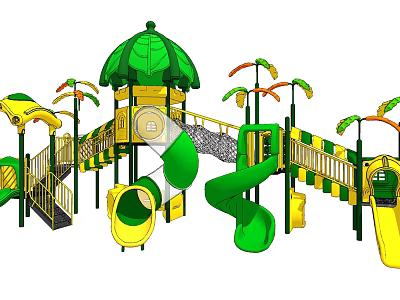Colorful Outdoor Children's Playground Equipment With Green Canopy Yellow Slides Climbing Frames And Safety Railings 3d model
