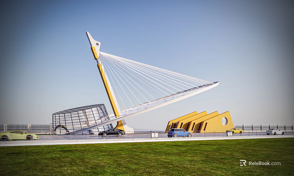 Modern Yellow Entrance Gate With Cable Stayed Structure Glass Building And Grass Lawn 3d model 