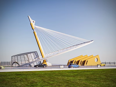 Modern Yellow Entrance Gate With Cable Stayed Structure Glass Building And Grass Lawn 3d model
