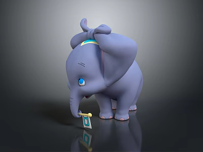 Blue Elephant Calf With Large Ears Blue Collar Trunk Holding Yellow Object Gray Reflective Ground 3d model
