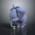 Blue Elephant Calf With Large Ears Blue Collar Trunk Holding Yellow Object Gray Reflective Ground