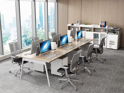Modern Office Desk With Computers Monitors Ergonomic Chairs Bookshelf Printer And City View 3d model