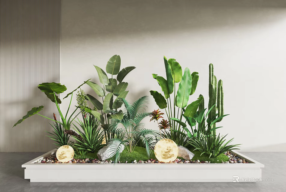 Garden Decorative Display With White Rectangular Planter Green Plants Large Leaves Cactus Pebbles And Moss 3d model 