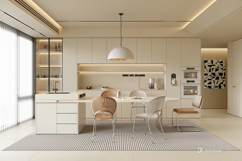 Modern Restaurant Open Design with White Cabinets Pendant Light Dining Table Chairs and Natural Light 3d model 