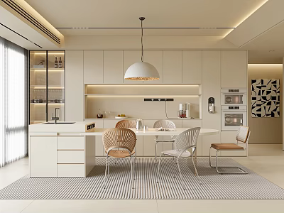 Modern Restaurant Open Design with White Cabinets Pendant Light Dining Table Chairs and Natural Light 3d model