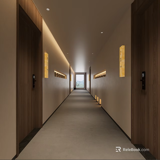 Modern Hotel Corridor Interior With Wooden Doors Recessed Lighting And Beige Walls 3d model 