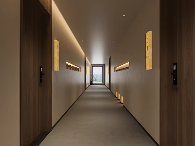 Modern Hotel Corridor Interior With Wooden Doors Recessed Lighting And Beige Walls 3d model