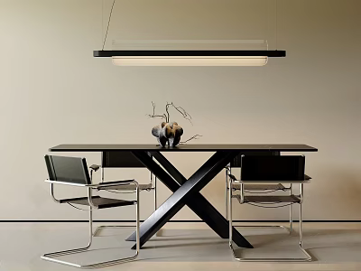 Sleek Black Dining Table Set With Crossed Legs Metal Frame Chairs And Hanging Pendant Light 3d model
