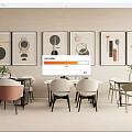 Modern Dining Table Set With Geometric Wall Art Beige Pink Gray Chairs And Potted Plants