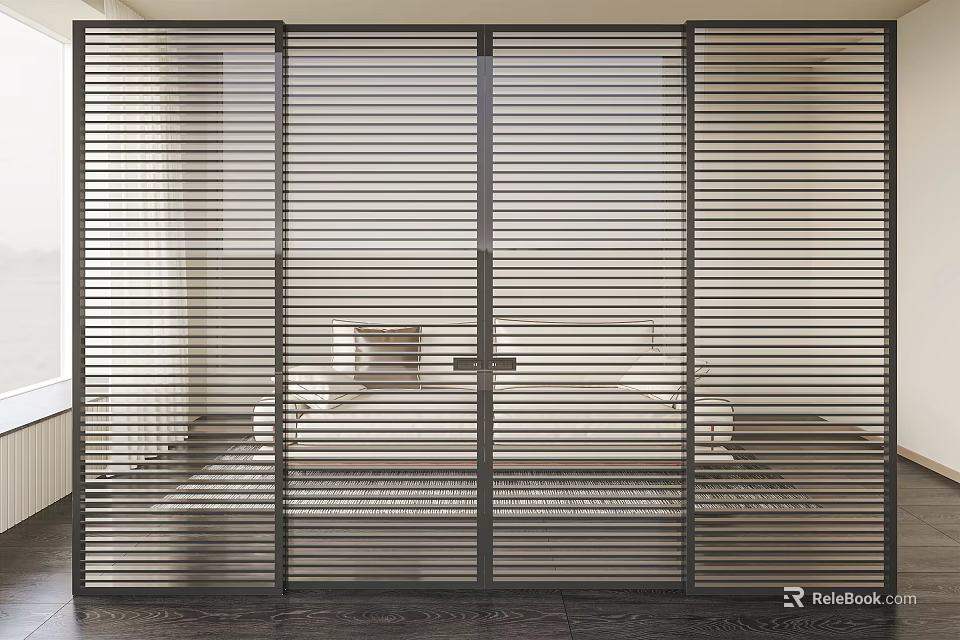 Modern Interior Sliding Doors With Vertical Slats And Metal Frame Design 3d model