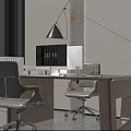 Modern Office Desk With Ergonomic Chair Computer Monitor Hanging Lamp Green Plant And Drawer Cabinet
