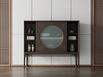 Elegant Chinese Style Dark Wood Console Cabinet With Round Glass Door And Open Shelves 3d model