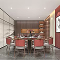 Elegant Private Dining Room Featuring Round Table Red Chairs Landscape Pattern Walls And Artwork 3d model