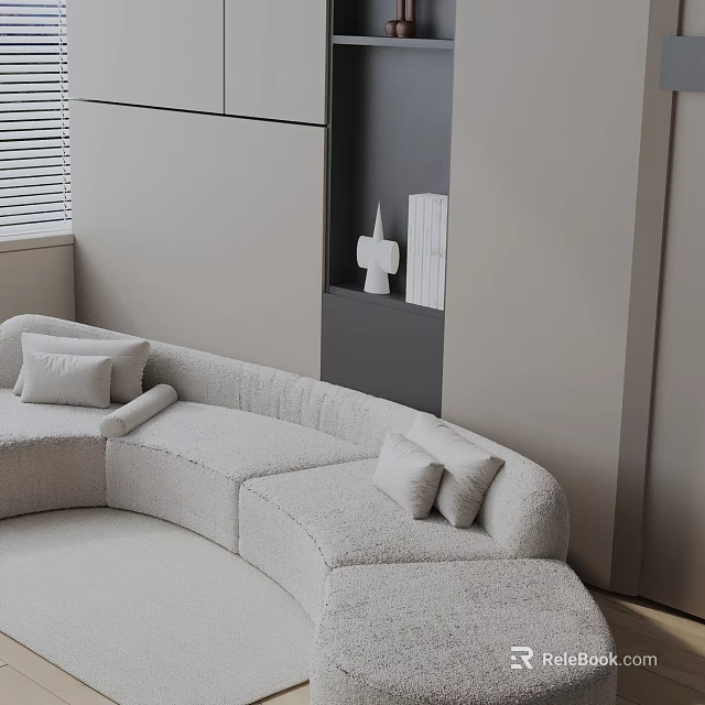 Curved Light Gray Three Seater Sofa In Modern Minimalist Interior With Soft Cushions And Decorative Items 3d model 