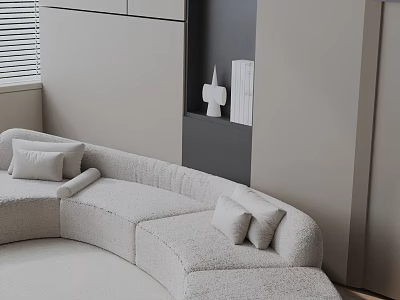 Curved Light Gray Three Seater Sofa In Modern Minimalist Interior With Soft Cushions And Decorative Items 3d model