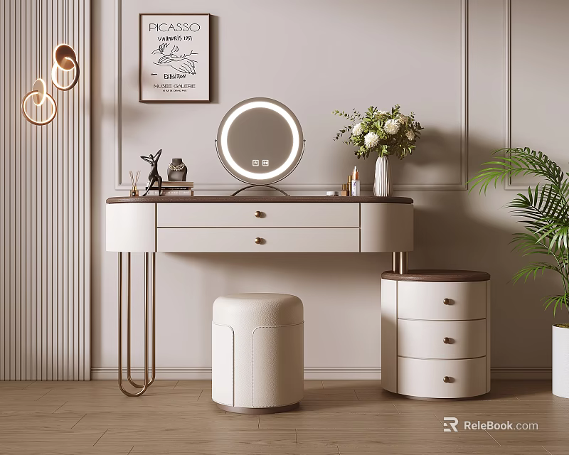 Dressing Table with Round Lighted Mirror White Stool Decorative Painting Pendant Lights and Green Plant 3d model 