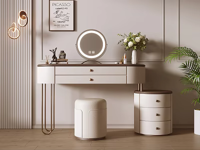 Dressing Table with Round Lighted Mirror White Stool Decorative Painting Pendant Lights and Green Plant 3d model