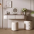 Dressing Table with Round Lighted Mirror White Stool Decorative Painting Pendant Lights and Green Plant