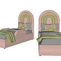 Kids Bed With Rainbow Shaped Headboard Pink Green Yellow Bow Decor Pillows And Green Blanket
