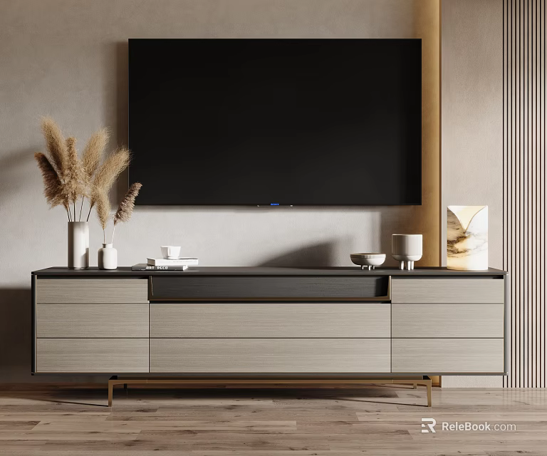 Modern TV Stand Holding Flat Screen TV with Black Top Gold Legs and Decorative Items 3d model 