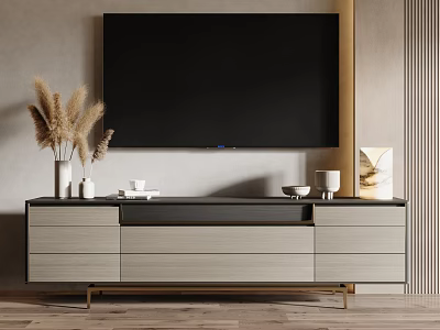 Modern TV Stand Holding Flat Screen TV with Black Top Gold Legs and Decorative Items 3d model