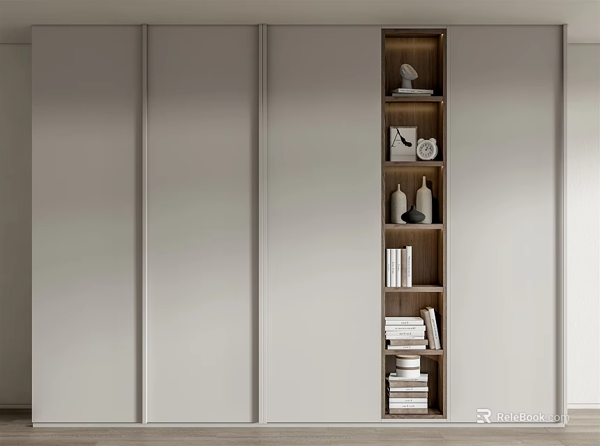 Modern Sliding Door Wardrobe with Open Compartment for Books and Decorative Items 3d model 