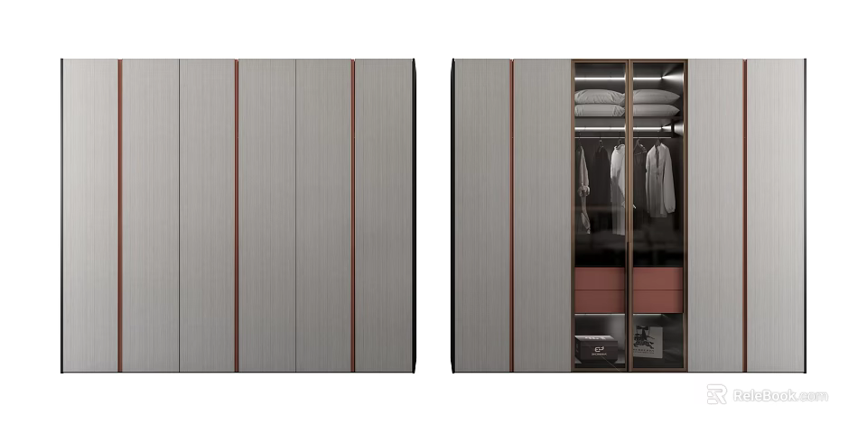 Modern Wardrobe Design With Gray Panels Brown Stripes Sliding Doors And Interior Storage 3d model 