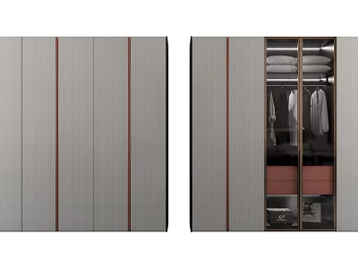Modern Wardrobe Design With Gray Panels Brown Stripes Sliding Doors And Interior Storage 3d model