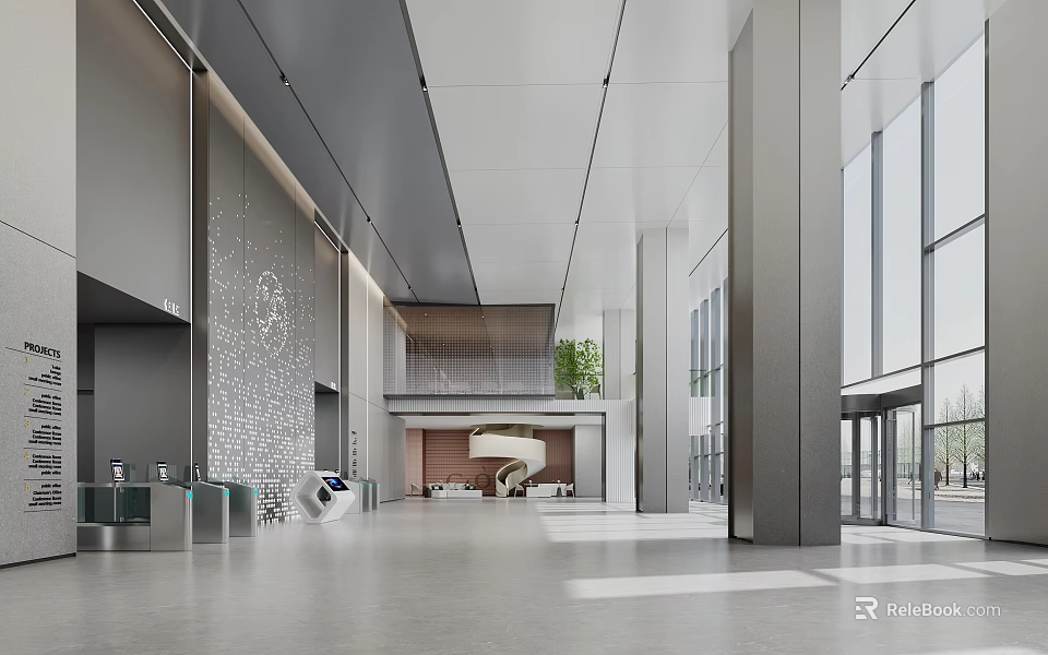 Modern Lobby Front Desk Reception Area With Marble Wall Green Plant And Glass Doors 3d model 