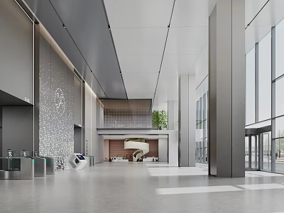 Modern Lobby Front Desk Reception Area With Marble Wall Green Plant And Glass Doors 3d model