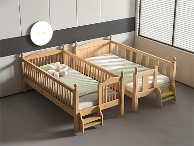 Wooden Children's Beds With Guardrails Ladder And Safe Mattresses In Kids Room 3d model