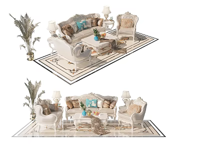 Elegant Sofa And Coffee Table Set With Decorative Pillows Area Rug Lamps And Potted Plant 3d model