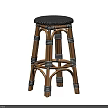 Modern Rattan Bar Stool With Black White Striped Wicker Straps And Natural Wooden Frame Design